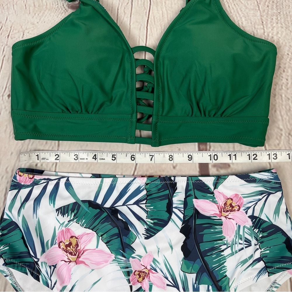 TEMPTME green floral lace up high waisted 2-piece swimsuit bikini NEW, size M - Picture 13 of 15